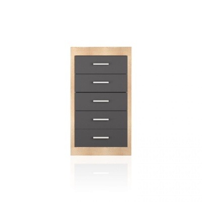 Móvel com 5 gavetas cinzento escuro e moldura de madeira clara