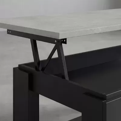 Mesa com tampo cinza claro de betão simulado e estrutura preta com mecanismo de elevação