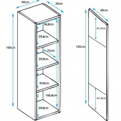 Imagem técnica de armário alto com prateleiras e medidas em azul.