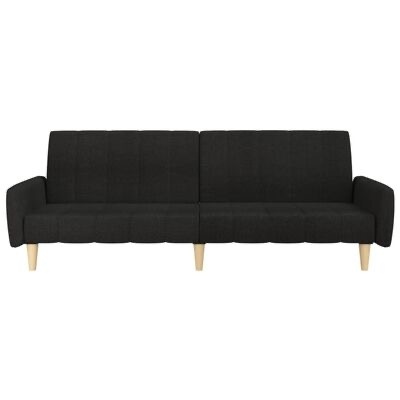 Sofá-cama preto de tecido com pernas de madeira clara