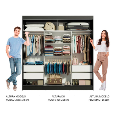 Roupeiro cinzento com roupas organizadas, homem e mulher ao lado indicando alturas.