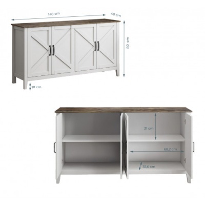 Aparador branco com tampo castanho e 4 portas, dimensões visíveis, interior com prateleiras.