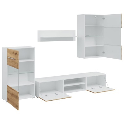 Conjunto de móveis para sala em MDF branco e portas em madeira clara