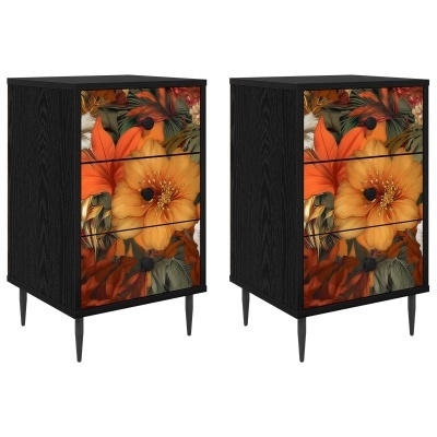 Móveis com gavetas decoradas com padrão floral em tons quentes.