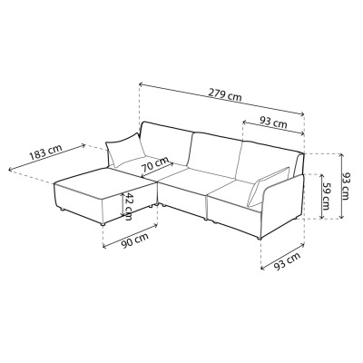 Desenho técnico a preto e branco de um sofá em L com dimensões em cm