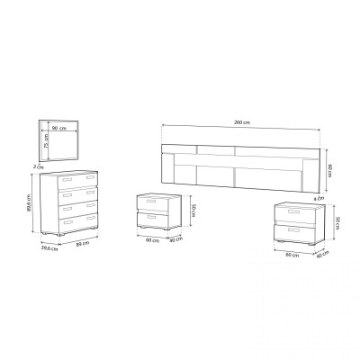 Desenhos técnicos a preto e branco de móveis de quarto com medidas anotadas