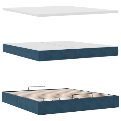 Cama azul com ripas de madeira e colchão branco separado da estrutura