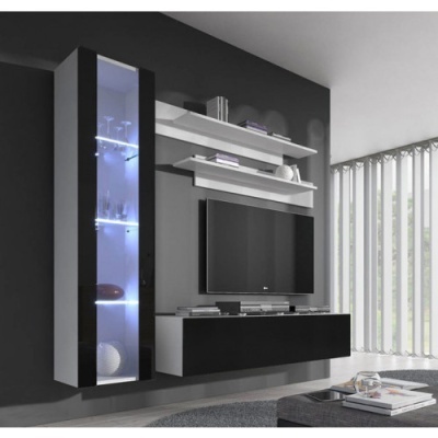 Móvel de sala moderno preto e branco com prateleiras e armário iluminado