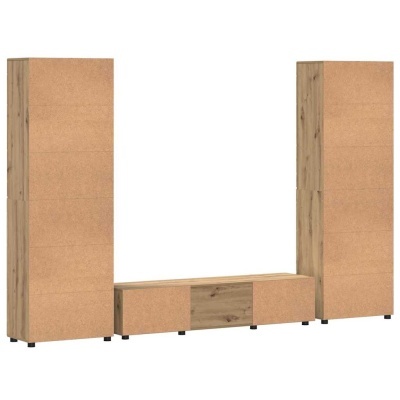 Conjunto de móveis de sala em madeira castanha clara com colunas altas e mesa baixa