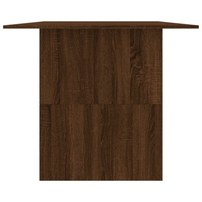 Mesa de madeira castanha com tampo retangular e base em painel