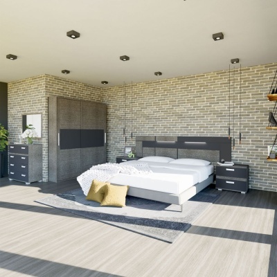 Quarto moderno com cama branca e móveis pretos contra parede de tijolos claros