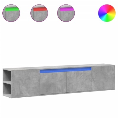 Móvel baixo cinza betão com três portas e iluminação azul