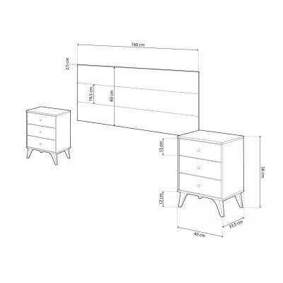 Desenho técnico em preto e branco de uma cabeceira e mesa de cabeceira com medidas em centímetros