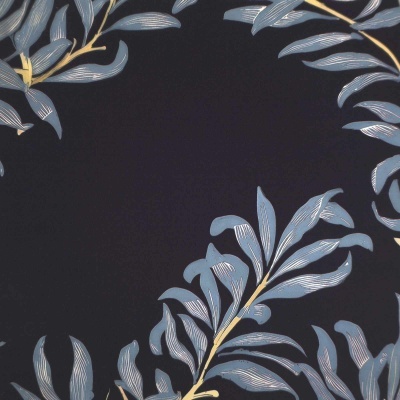 Tecido preto com padrão de folhas azuis e ramos amarelos