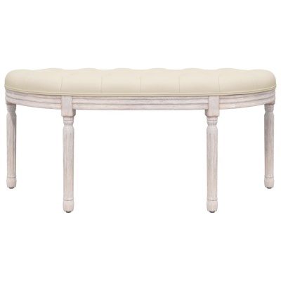 Banco de madeira com assento acolchoado bege e pernas brancas envelhecidas