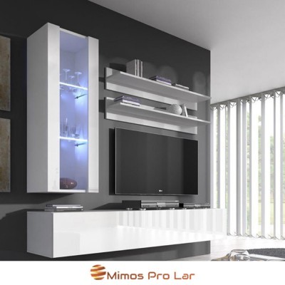 Móvel de sala moderno branco com iluminação azul e televisão montada numa parede cinza.