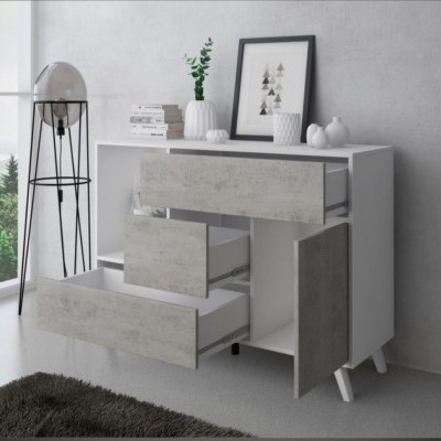 Móvel de arrumação branco e cinzento com gavetas abertas e decoração em cima