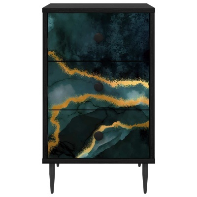Móvel com três gavetas e padrão abstrato azul escuro, verde e dourado
