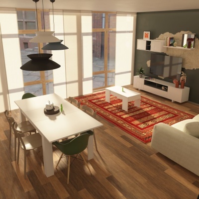 Sala de estar e jantar com móveis brancos, tapete vermelho e chão de madeira