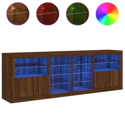 Móvel de madeira escura com portas em vidro iluminadas com luz azul.