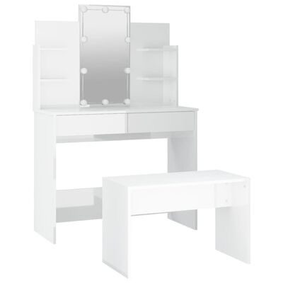 Conjunto de móveis para maquilhagem branco com espelho iluminado e banco.