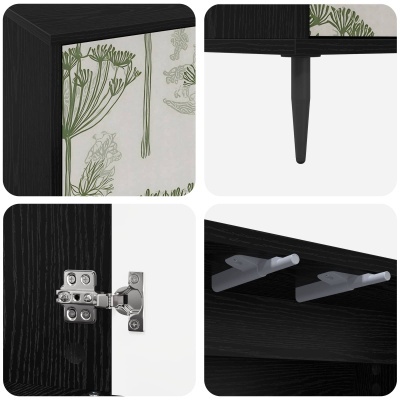 Móvel preto com padrão floral verde nas portas e dobradiças metálicas
