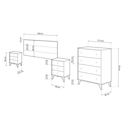 Conjunto de móveis para quarto com cabeceira, mesas de cabeceira e cómoda em desenho técnico com medidas.
