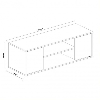 Desenho técnico de móvel de TV branco com portas e prateleiras e medidas