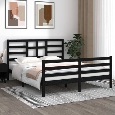 Cama preta de metal com roupa branca e manta bege em quarto minimalista com decoração abstrata e planta