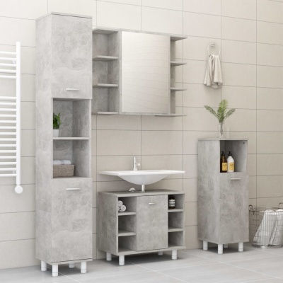 Conjunto de móveis de casa de banho cinza com lavatório branco e espelho