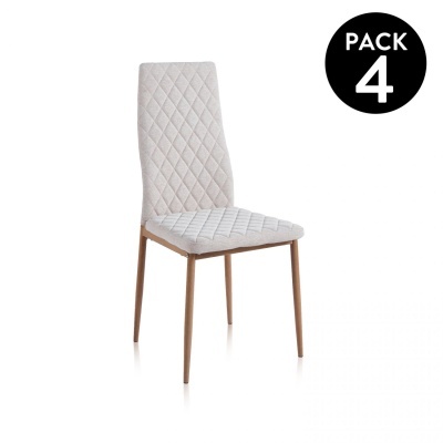 Cadeira cinza claro matelassê com pernas cobre e etiqueta 'PACK 4'