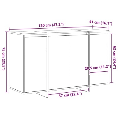 Móvel branco de três portas e uma lateral, com medidas em cm e polegadas.