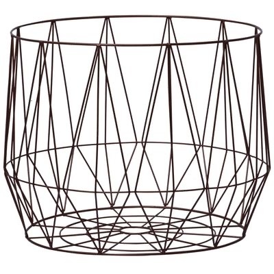 Cesto decorativo de arame metálico castanho escuro com estrutura geométrica