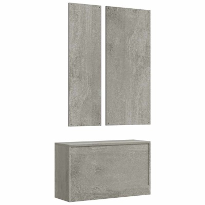 Conjunto de móveis cinza em tom concreto com textura e dois painéis verticais