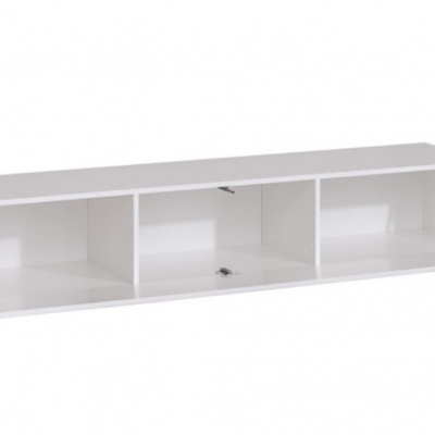 Estante branca de madeira com três compartimentos e porta frontal desdobrável