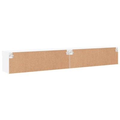 Móvel de parede branco com portas em madeira clara e dobradiças metálicas
