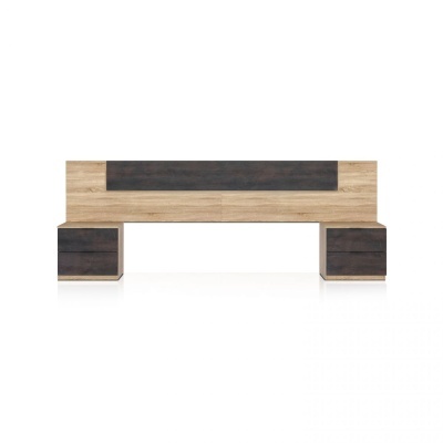 Cabeceira de cama em madeira clara com painéis escuros e duas mesas de cabeceira integradas com gavetas escuras