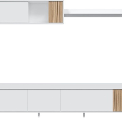 Móveis para sala de estar brancos com detalhes em madeira e prateleira