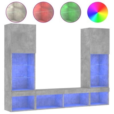 Móvel de parede cinzento com prateleiras iluminadas a azul