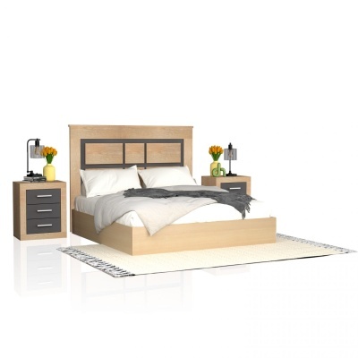 Conjunto de quarto com cama de madeira clara, mesas de cabeceira com gavetas cinzentas e lâmpadas