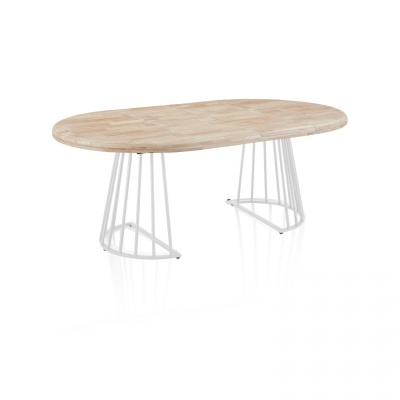 Mesa oval com tampo de madeira clara e base metálica branca