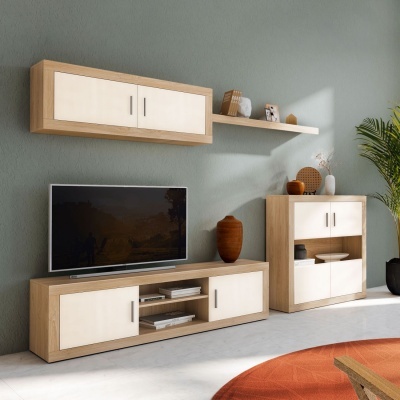 Conjunto de móveis de sala de estar em madeira e branco com decoração