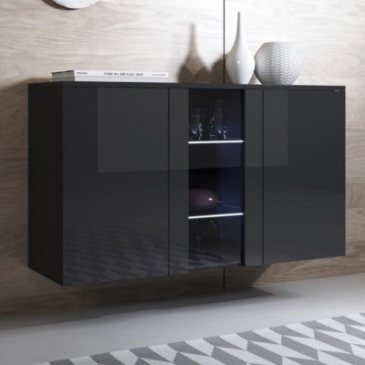 Aparador preto suspenso com porta de vidro e iluminação interior