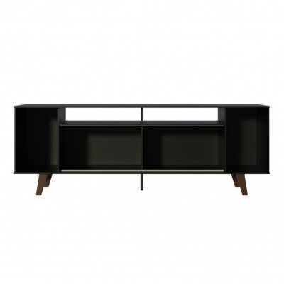 Móvel de TV preto de design simples com prateleiras e compartimentos abertos