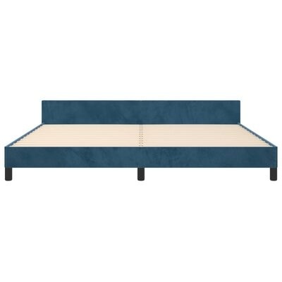 Cama de casal azul com cabeceira estofada e base de ripas