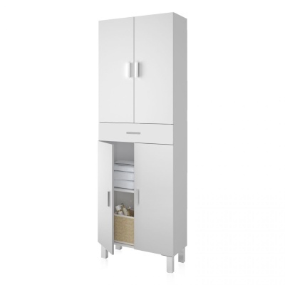 Móvel alto branco com portas, gaveta e pernas elevadas, usado para arrumação.