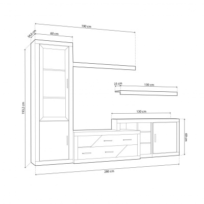 Desenho técnico de móvel de sala com dimensões em centímetros