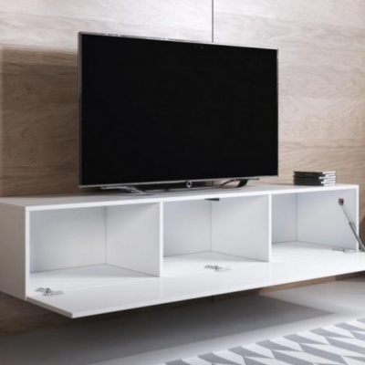 Móvel para televisão branco com compartimentos e televisão em cima