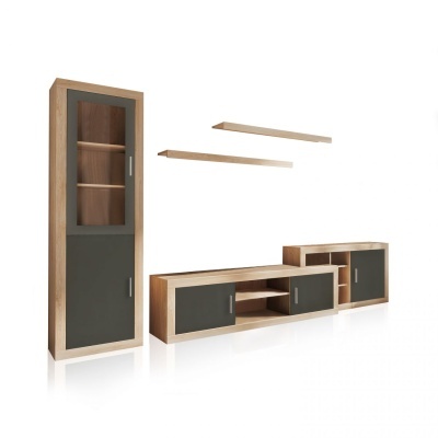 Conjunto de móveis modulares em madeira clara com portas cinzentas e vidro