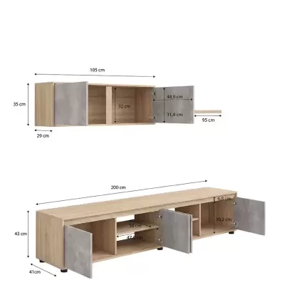 Móvel de sala de estar madeira clara com portas cinza cimento e medidas em centímetros